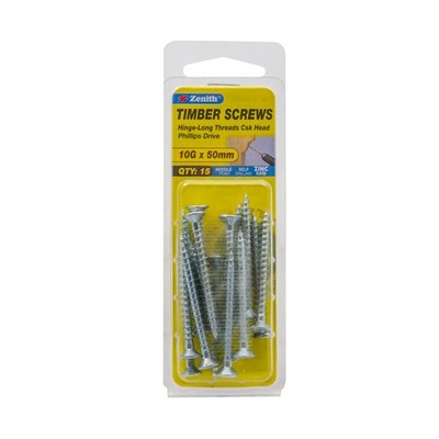 Zenith 10G x 50mm Zinc Plated Hinge-Long Threads Countersunk Head 2 pieces