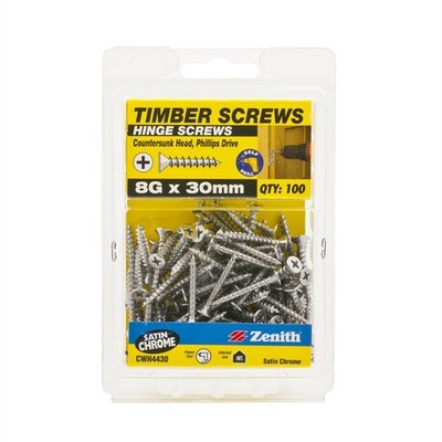 Zenith 8G x 30mm Satin Chrome Countersunk Head Hinge Timber Screws - 100 pieces