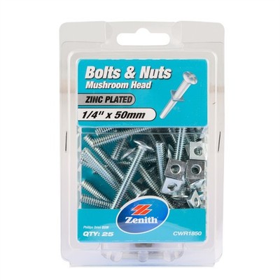 Zenith 1/4" x 50mm Zinc Plated Mushroom Head Bolt And Nut - 25 pieces