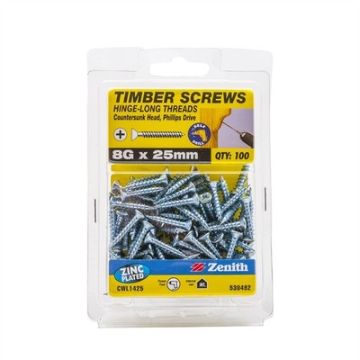 Zenith 8G x 25mm Zinc Plated Hinge-Long Thread Countersunk Head Timber Screws -