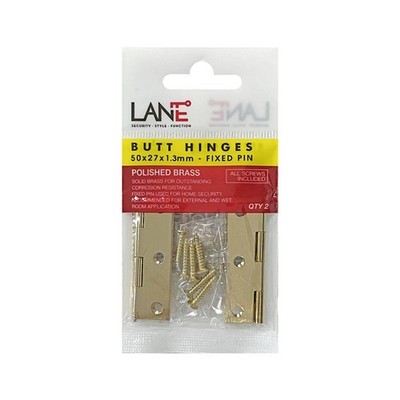 Lane 50 x 27 x 1.3mm Brass Fixed Pin Butt Hinge - 2 pieces