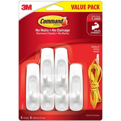 Command Medium White Adhesive Wall Hooks Value Pack - 6 pieces Hardware