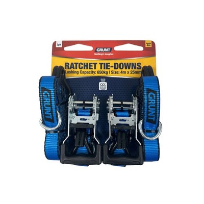 GRUNT 25mm x 4m Ratchet Tie Down Straps - 2 pieces Hardware