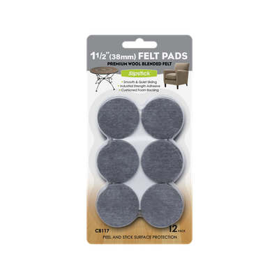 Slipstick 38mm Grey Round Premium Wool Blended Floor Protection Felt Pads - 12 P