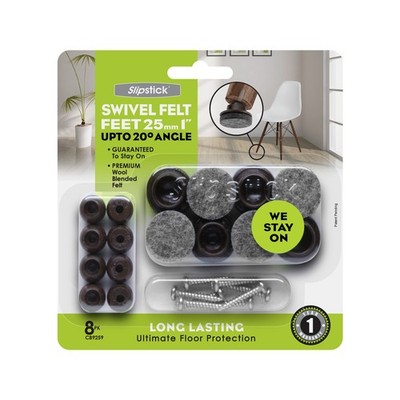 Slipstick 25mm Ultimate Floor Protection Swivel Tap-In Felt Feet - 8 pieces