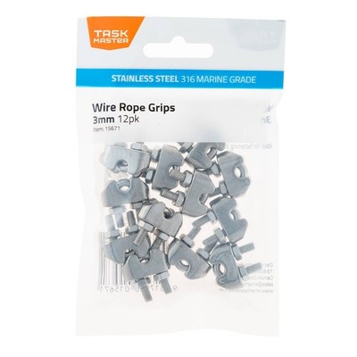 Taskmaster 3mm 316 Stainless Steel Wire Rope Grips - 12 pieces Hardware