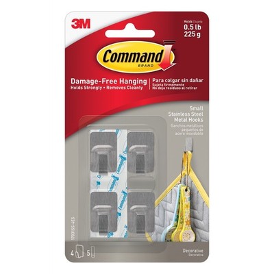 Command Small Silver Adhesive Stainless Steel Metal Wall Hook - 4 pieces DIY