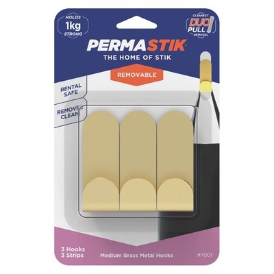 Permastik Medium Brass Metal Hooks - 3 pieces Hardware