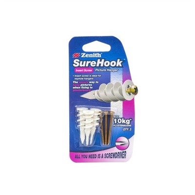Zenith 10kg Zinc Plated SureHook Plasterboard Picture Hanger - 3 pieces Hardware