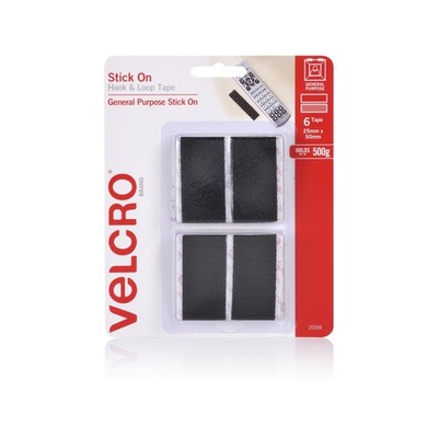 VELCRO Brand 25 x 50mm Black Stick On Hook And Loop Tape - 6 pieces Hardware