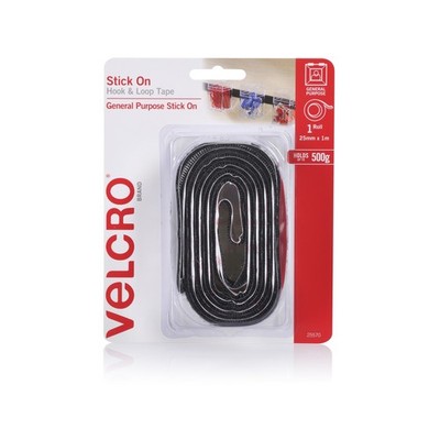 VELCRO Brand 25mm x 1m Black Stick On Hook and Loop Tape Plumbing