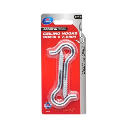 Zenith 90 x 7.6mm Zinc Plated Ceiling Hook - 2 pieces Hardware