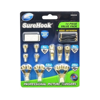 Zenith 4 To 45kg Brass Plated SureHook Picture Hanger Kit - 14 Piece Hardware