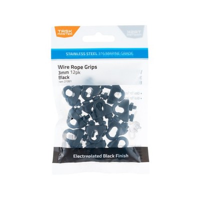 Taskmaster 3mm Black 316 Stainless Steel Wire Rope Grips - 12 pieces Hardware