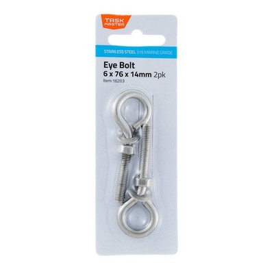 Taskmaster 6 x 76 x 14mm 316 Stainless Steel Eye Bolt - 2 pieces Hardware
