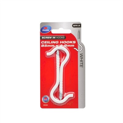 Zenith 85 x 4.8mm White Powder Coated Ceiling Screw Hook - 2 pieces Hardware