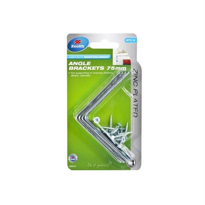 Zenith 75mm Zinc Plated Angle Brackets - 4 pieces Hardware