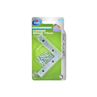 Zenith 75mm Zinc Plated Corner Brace Bracket - 4 pieces Hardware