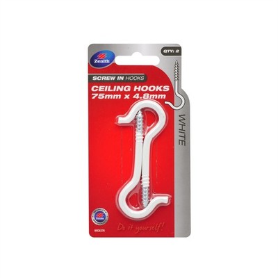 Zenith 75 x 4.8mm White Powder Coated Ceiling Screw Hook - 2 pieces