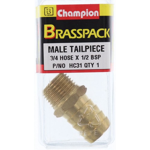 Champion Brass Straight Male Hose Tail – 3/4in x 1/2in - HC31 Replacement Hose