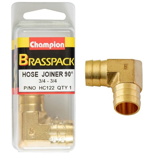 Champion 3/4in x 3/4in 90° Brass Hose Joiner Barb Elbow Replacement Hose