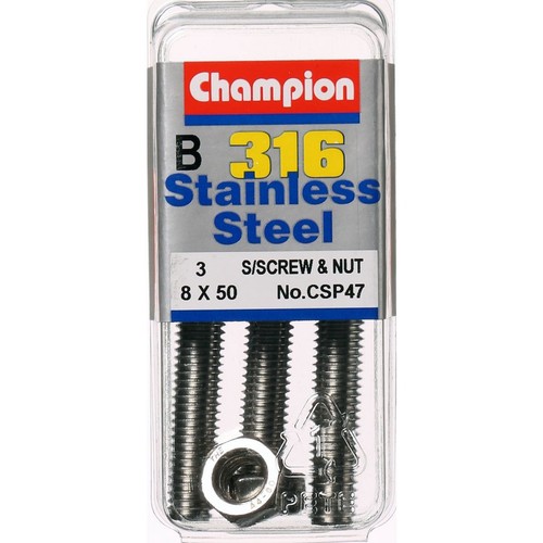 Champion 316/A4 Stainless Steel Hex Set Screws and Nuts – M8 x 50mm – 1.25mm Pit