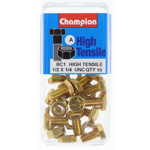 Champion High Tensile Hex Set Screws and Nuts – 1/4in x 1/2in UNC – Grade 5 - BC