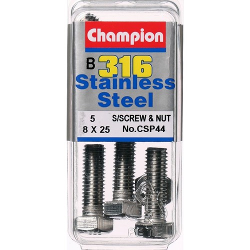 Champion 316/A4 Stainless Steel Hex Set Screws and Nuts – M8 x 25mm – 1.25mm Pit