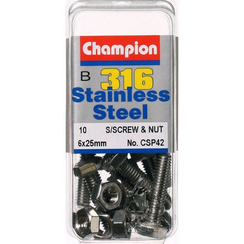 Champion 316/A4 Stainless Steel Hex Set Screws and Nuts – M6 x 25mm – 1.00mm Pit
