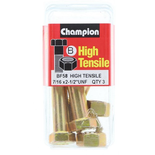 Champion High Tensile Hex Bolts & Nuts – 7/16in x 2-1/2in UNF Grade 5 - BF58 DIY