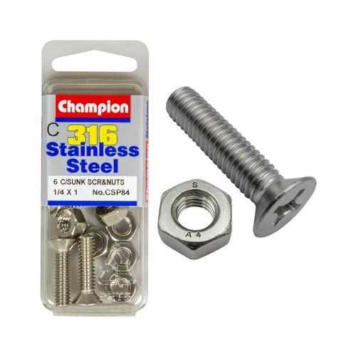Champion 316/A4 Stainless Steel Countersunk Phillips Machine Screws & Nuts – 1/4