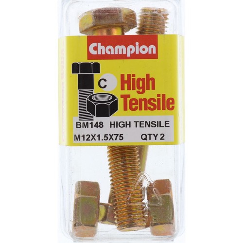 Champion High Tensile Hex Bolts & Nuts – M12 x 75 x 1.5mm Grade 8.8 - BM148 Auto