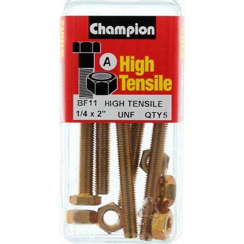 Champion Hex Set Screw & Nut High Tensile 1/4in x 2in UNF Grade 5 - BF11 Auto