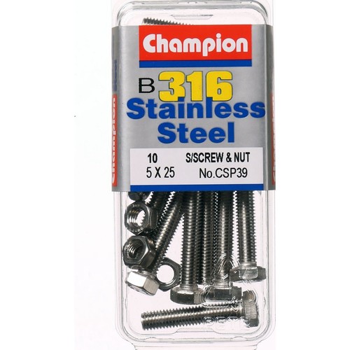 Champion 316/A4 Stainless Steel Hex Set Screws and Nuts – M5 x 25mm – 0.8mm Pitc