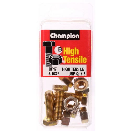 Champion High Tensile Hex Set Screws and Nuts – 5/16in x 1in UNF – Grade 5 - BF1