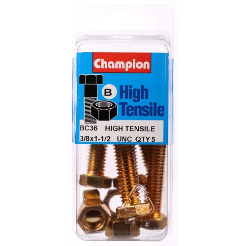 Champion High Tensile Hex Set Screws & Nuts – 3/8in x 1-1/2in UNC Grade 5 - BC36