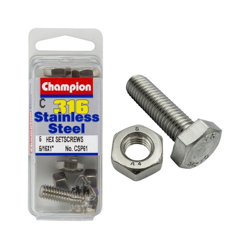 Champion 316/A4 Stainless Steel Hex Set Screws & Nuts – 5/16in x 1in UNC - CSP61