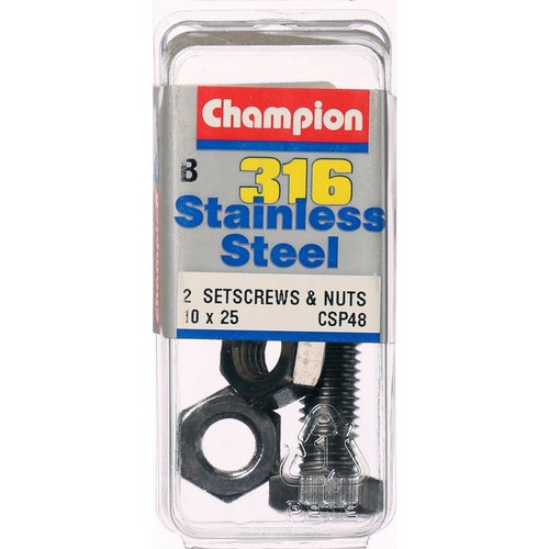 Champion 316/A4 Stainless Steel Hex Set Screws and Nuts – M10 x 25mm – 1.50mm Pi