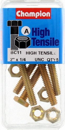 Champion High Tensile Hex Set Screws & Nuts – 1/4in x 2in UNC Grade 5 - BC11 DIY