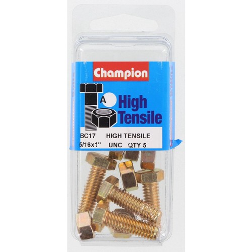Champion High Tensile Hex Set Screws and Nuts – 5/16in x 1in UNC – Grade 5 - BC1