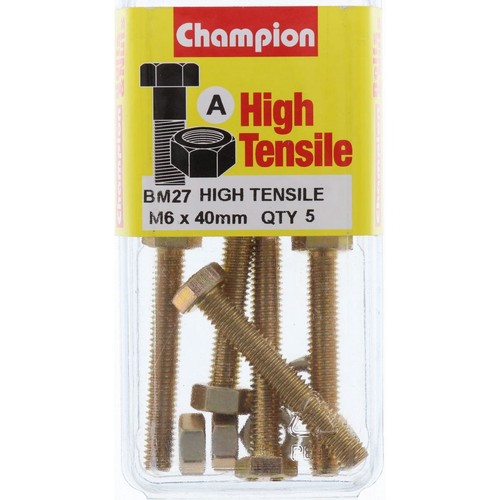 Champion High Tensile Hex Set Screws and Nuts – M6 x 40mm – Grade 8.8 - BM27 DIY
