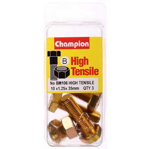 Champion High Tensile Hex Set Screws and Nuts – M10 x 35mm x 1.25 Pitch – Grade