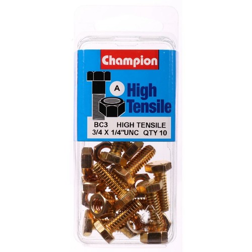 Champion High Tensile Hex Set Screws and Nuts – 1/4in x 3/4in UNC – Grade 5 - BC