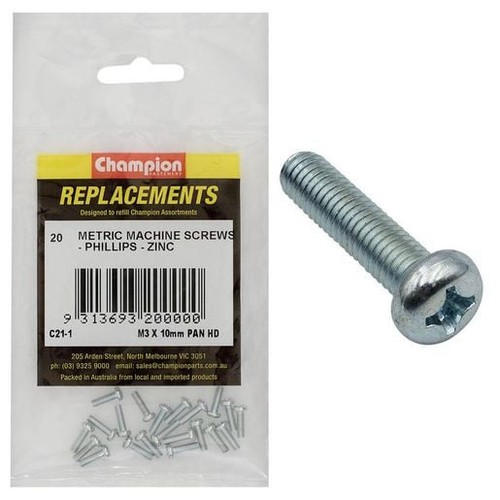 Champion Machine Screw Pan Phillips M3 x 10mm Zinc Plated Refill Pack - C21-1