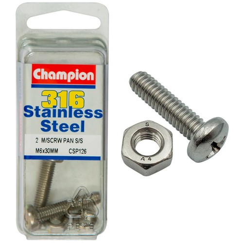 Champion 316/A4 Stainless Steel Pan Head Phillips Machine Screws – M6 x 30mm DIY