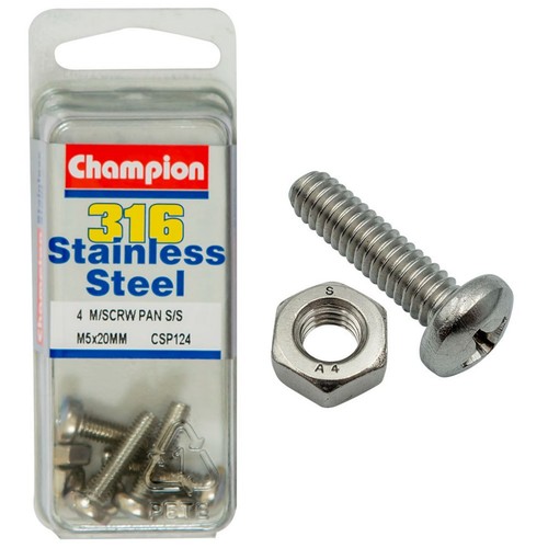 Champion 316/A4 Stainless Steel Pan Head Phillips Machine Screws – M5 x 20mm DIY