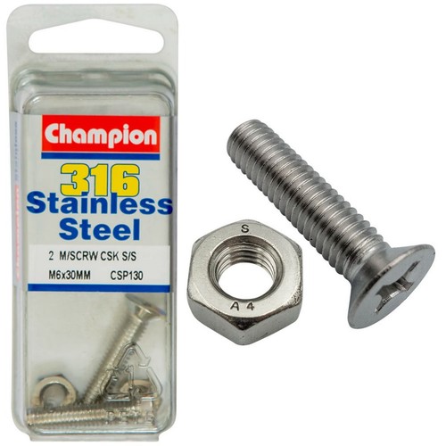 Champion 316/A4 Stainless Steel Countersunk Phillips Machine Screws – M6 x 30mm