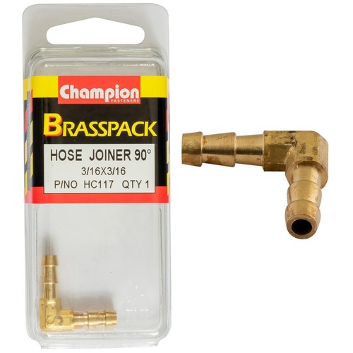 Champion 3/16in x 3/16in 90° Brass Hose Joiner Barb Elbow Replacement Hose