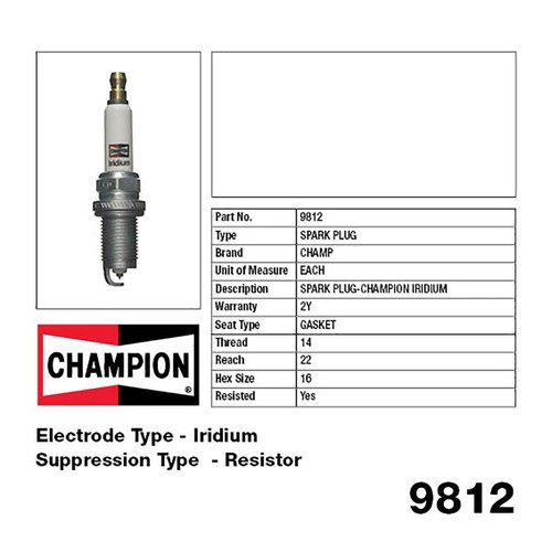 Champion Iridium Spark Plug - 9812 Ignition Service Auto Part