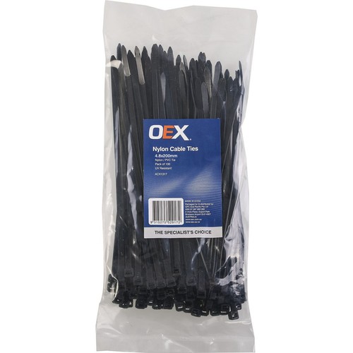 OEX Black Nylon Cable Ties - 4.8mm x 200mm - 100 Pc - ACX1317 Car Wiring Adapter
